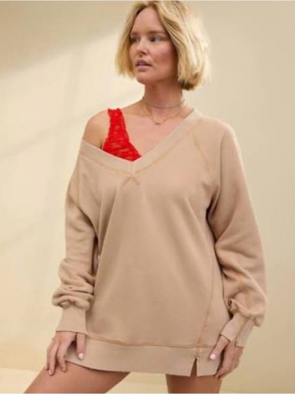 NWOT aerie Cozy Oversized V-Neck Sweater - Beige